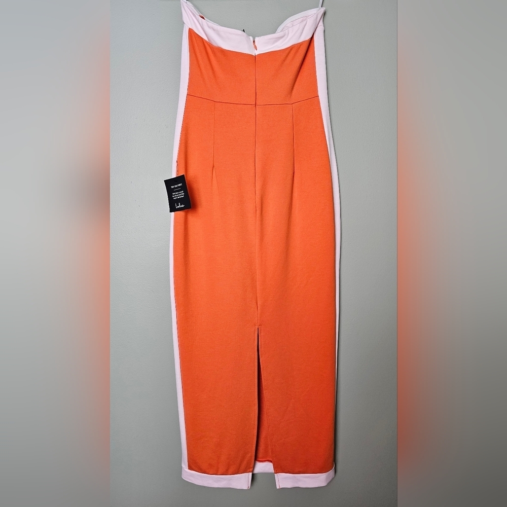 Lulus Impressive Edge Orange Color Block Strapless Midi Dress, Size Medium - Picture 8 of 11